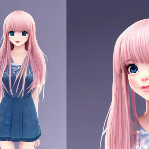 Image similar to Render of Nikki from Shining Nikki Dress-Up Game, a cute 3D young woman, long light pink hair, full bangs, full round face, hazel amber eyes, pale skin, cute freckles, light blush, Chinese heritage, smiling softly, wearing casual clothing, interior lighting, cozy living room background, medium shot, mid-shot, hyperdetailed, trending on Artstation, Unreal Engine 4k