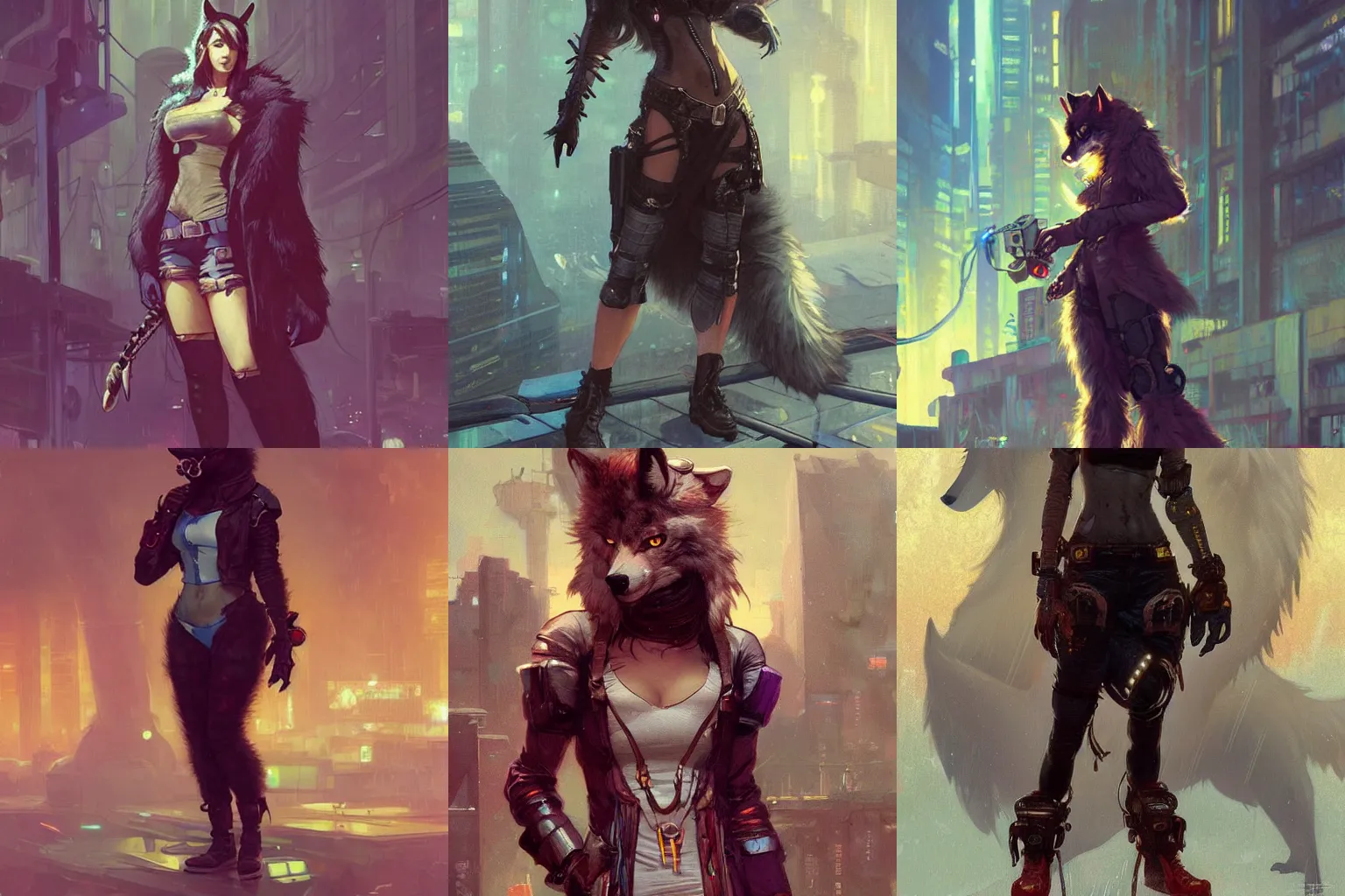 Prompt: female anthropomorphic furry wolf character in cyberpunk clothes. Renowned character illustration by greg rutkowski, thomas kindkade, alphonse mucha, loish, norman rockwell. Trending on artstation.
