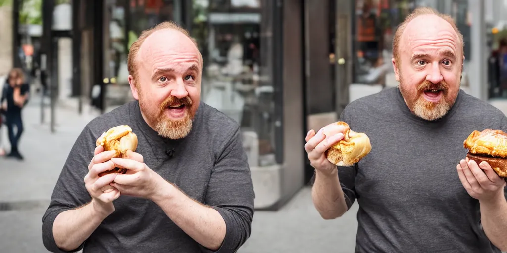 Image similar to louis c k eating a cinnamon roll, xf iq 4, f / 1. 4, iso 2 0 0, 1 / 1 6 0 s, 8 k, raw, unedited, symmetrical balance, in - frame, sharpened