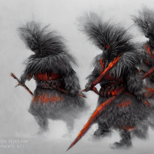 Image similar to a row of soldiers in the mist, dense fog ashigaru aztec mice with feather plumes, dramatic cinematic lighting, menacing, detailed concept painting trending on art station, by brian froud, by deak ferrand, grey, blue, orange-red