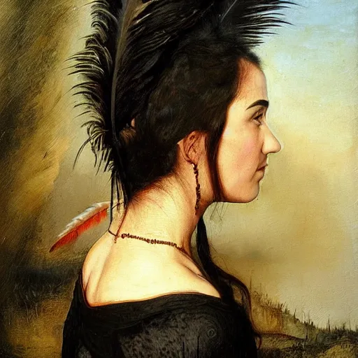 Prompt: detailed oil painting youthful young jennifer connelly with black feathers instead of hair, black lips, feathers growing out of skin, feathers growing from arms, black hands with long black claws, pale and sickly, profile view, renaissance, rembrandt, oil painting, very highly detailed