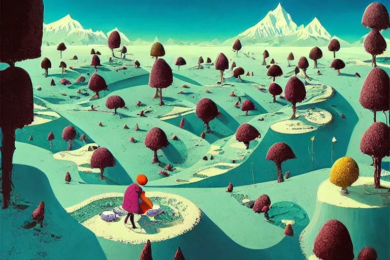 Image similar to surreal glimpse into other universe, himalaya with snow ice cream, summer morning, very coherent and colorful high contrast, art by!!!! gediminas pranckevicius!!!!, geof darrow, floralpunk screen printing woodblock, dark shadows, hard lighting