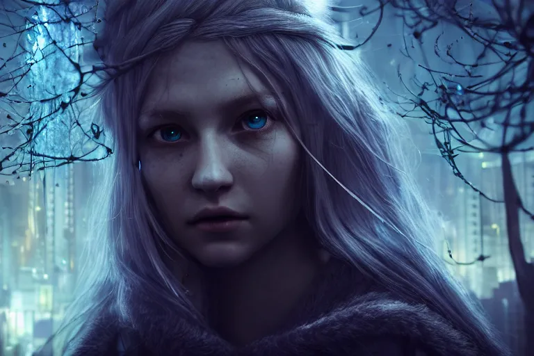 Image similar to an ultra realistic, cinematic, fantasy, headshot portrait, of an elden ring elf, fairy lights, facial features, background of a vast dystopian cityscape, with trees and neon lights, detailed, deep focus, movie still, dramatic lighting, ray tracing, by michal karcz and yoshitaka amano