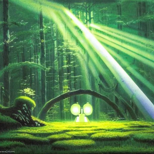 Prompt: a robot covered in moss lying in a forest, shafts of light god rays, painting by hayao miyazaki studio ghibli