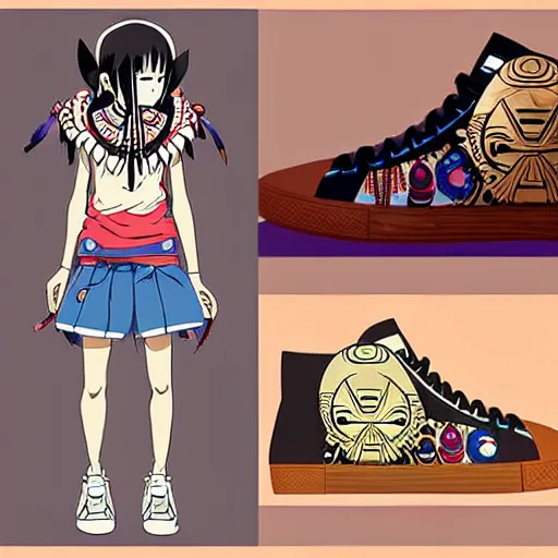 Image similar to sneaker design designed by studio ghibli, aztec mayan street fashion native punk sneaker design, majora's mask, wearing wooden mask, hip hop sneaker design with subtle mayan patterns, gapmoe yandere grimdark, trending on pixiv fanbox, painted by greg rutkowski makoto shinkai takashi takeuchi studio ghibli, akihiko yoshida