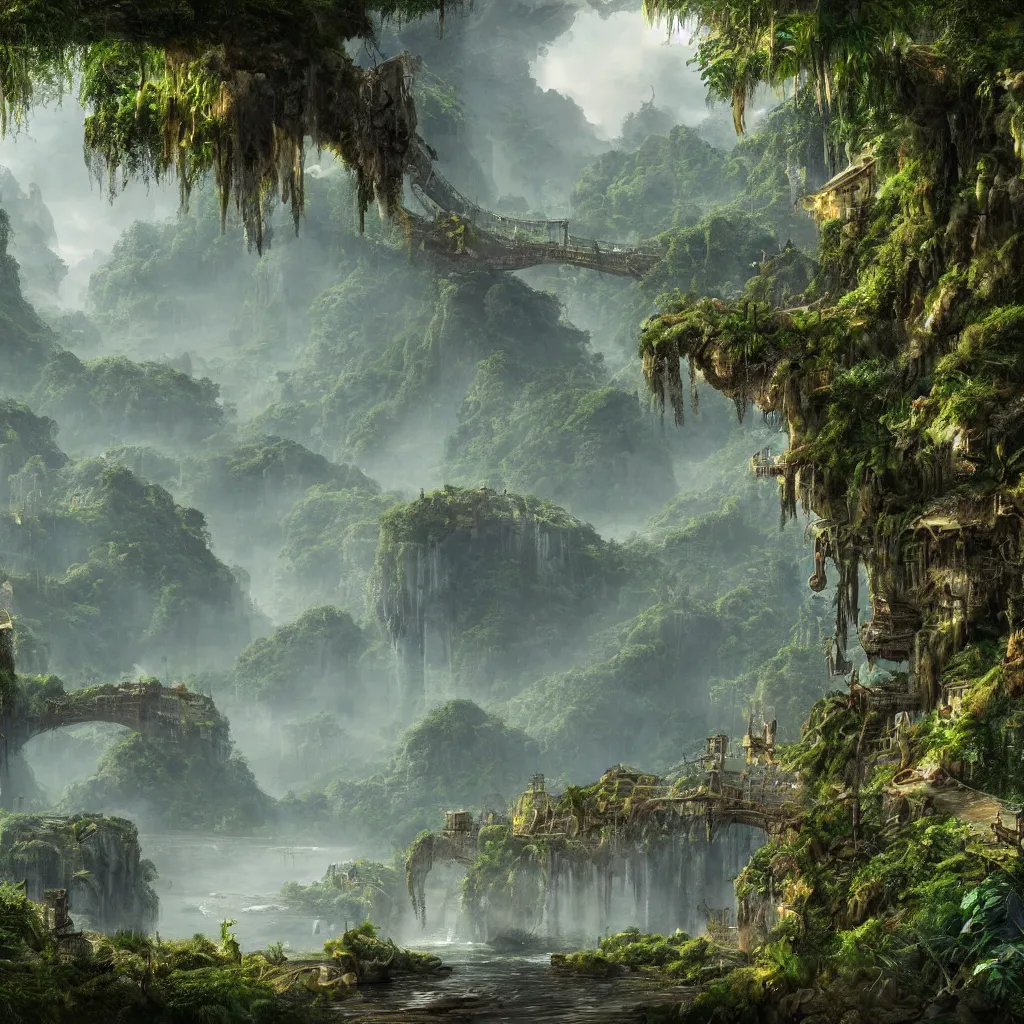 Prompt: a single highly detailed 4 k fantasy matte painting of. brige that goes on forever on the jungle