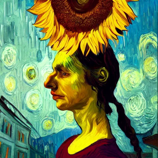 Image similar to giant sunflower head, woman in an apartment, surreal, dramatic light, impressionist painting, digital painting, artstation, van gogh