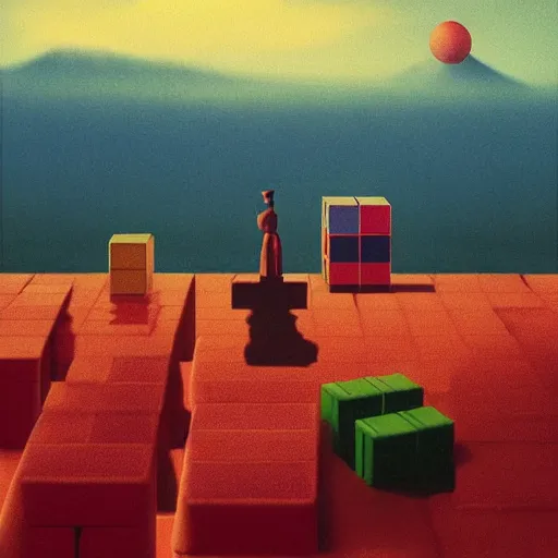 Image similar to an ear floating above a japanese landscape with rubik cubes. Masterpiece, Edward Hopper and James Gilleard, Zdzislaw Beksinski, Mark Ryden, Wolfgang Lettl, hints of Yayoi Kasuma, octane render, 8k.