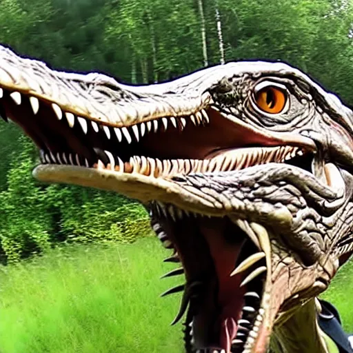 Image similar to still from a velociraptor's vlog