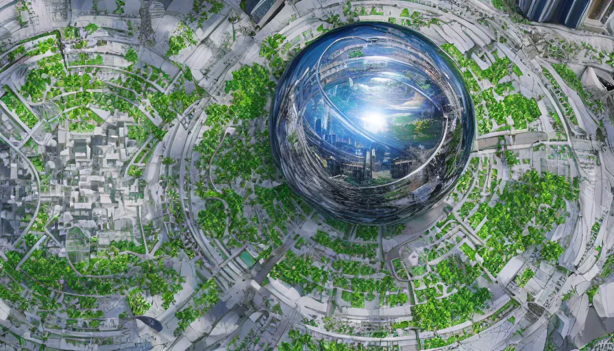 Prompt: chicago's green park with futuristic little glass dome with paths around it, shops and hotels built everywhere, sunny day, hyperdetailed, artstation, cgsociety, 8 k