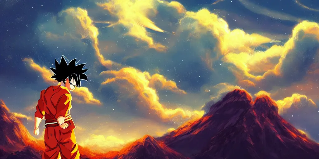 Prompt: son goku, mountain landscape, night sky, digital art, digital painting, celestial, majestic, playful, colorful