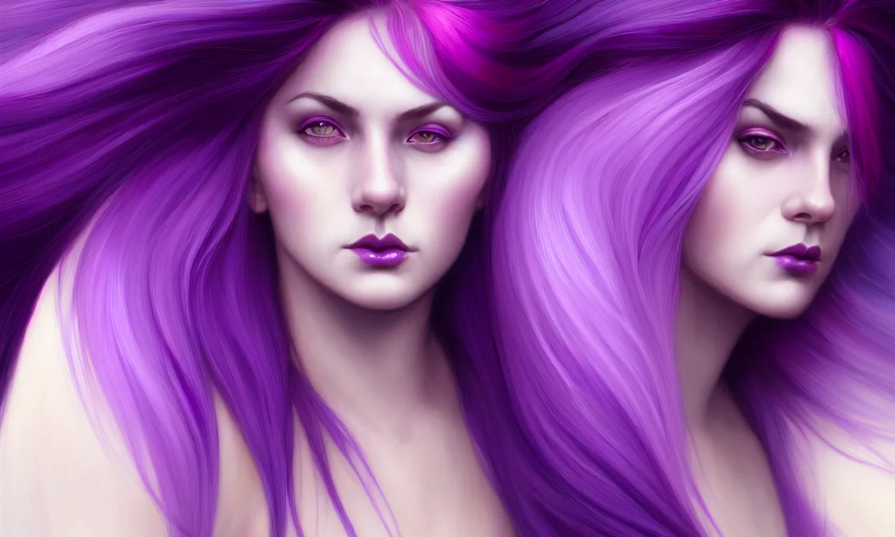 Image similar to Purple hair relistic Portrait of a three woman with bright colored flying hair, all shades of purple. Beauty face, Hair coloring, fantasy, intricate, elegant, highly detailed, digital painting, artstation, concept art, smooth, sharp focus, illustration, art by artgerm and greg rutkowski and alphonse mucha