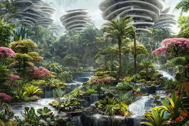 Image similar to brutalist futuristic white Aztec structures, manicured garden of eden, vivid pools and streams, tropical foliage, bromeliads, azaleas, birds, sculpture gardens, Winter, by Jessica Rossier and Brian Froud