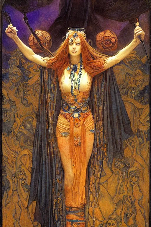 Image similar to queen of the dead with her lantern and regalia, by Annie Swynnerton and Nicholas Roerich and jean delville and Gaston Bussière, black leather and embroidered velvet, iridescent beetles, rich color, dramatic cinematic lighting, extremely detailed