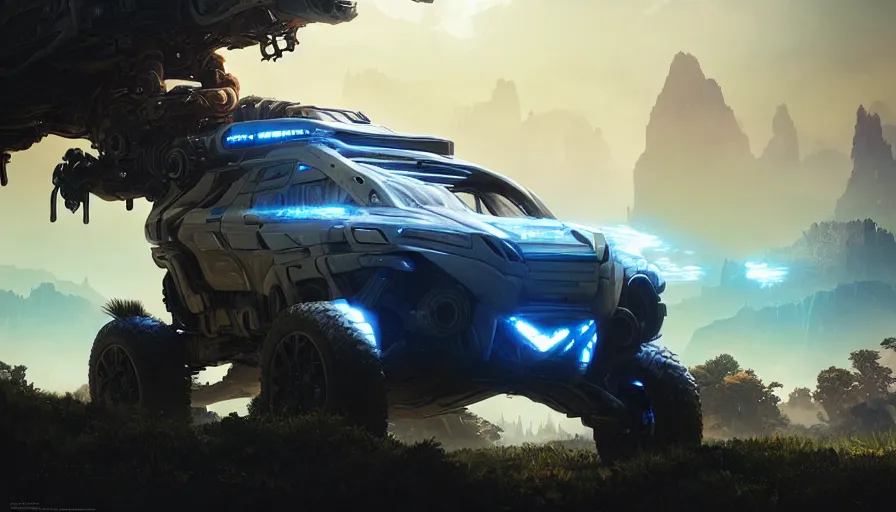 Image similar to a futuristic offroad suv by artgerm and greg rutkowski and alphonse mucha, volumetric light, detailed, octane render, horizon zero dawn