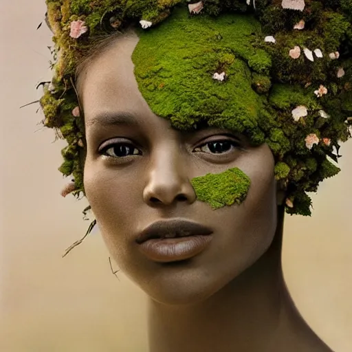 Prompt: beautiful portrait of a woman\'s face, her skin made of moss, flowers growing from her head, golden sunlight, extremely detailed, hyperrealistic, photo by annie leibovitz, masterpiece, award-winning
