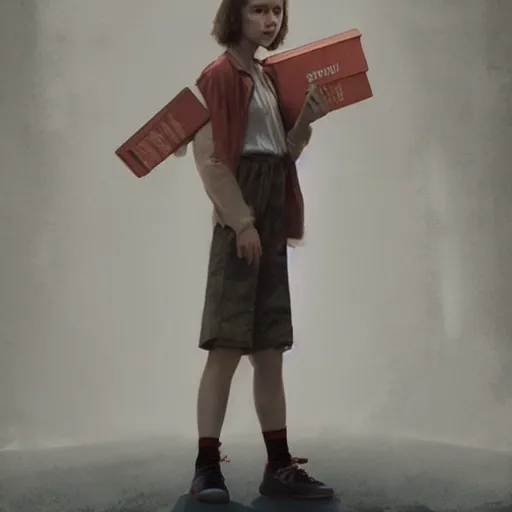 Image similar to Eleven from Stranger Things facing the camera with her hand outstretched with things floating all around her, fullbody, intricate, highly detailed, artstation, concept art, smooth, sharp focus, illustration, art by greg rutkowski and orientalism and bouguereau and Zdzislaw Beksinski, good clear quality, lighting, biology, symmetrical artwork, perfect face, 135 mm, cinematic, hyper realism, high detail, octane render, 8k, chrome accents