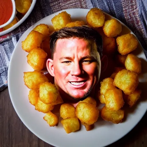 Image similar to food photo of channing tatum's face on top of giant tater tot on a plate with ketchup