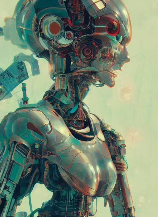 Prompt: surreal painting, by yoshitaka amano, by ruan jia, by conrad roset, by good smile company, by Kilian Eng, detailed anime 3d render of a female mechanical android, portrait, cgsociety, artstation, modular patterned mechanical costume and headpiece, cyberpunk atmosphere