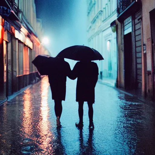 Image similar to street of paris photography, night, rain, mist, lovers holding hands, cinestill 8 0 0 t, in the style of william eggleston