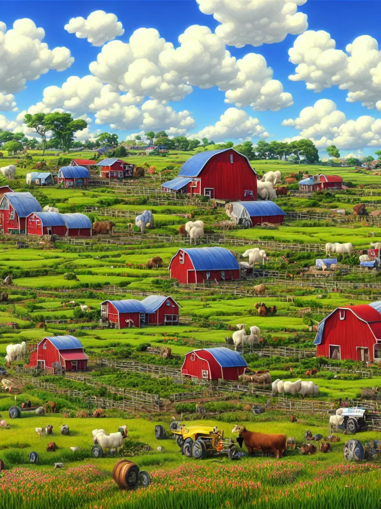 Image similar to wide view of a farm ,nice clouds, godray, fantasy, intricate, richly detailed colored 3D illustration of a beautiful ornated happy farm with background with completely rendered reflections, art by Range Murata and Artgerm highly detailed, digital painting, trending on artstation, sharp focus, D&D, illustration, style of Stanley Artgerm, perfect smile vogue, awards, model,