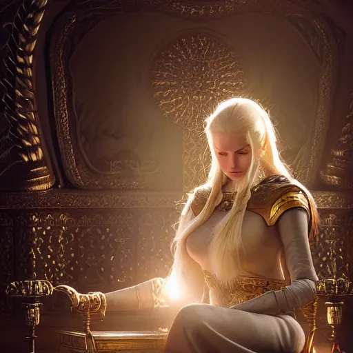 Image similar to the elder scrolls vi, charismatic regal blonde high elf female jarl, portrait, exquisitely designed throne room, atmospheric lighting, painted, intricate, volumetric lighting, beautiful, daytime, sunny weather, slight overcast, sharp focus, deep colours, ultra detailed, by leesha hannigan, ross tran, thierry doizon, kai carpenter, ignacio fernandez rios