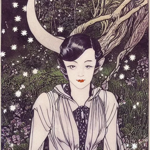 Prompt: beautiful elegant!!! portrait of 1 9 4 0 s woman tolkien elf!! in the forest at night rivendale, style of takato yamamoto intaglio watercolor, moon and stars