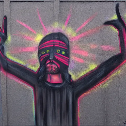 Prompt: black graffiti spray-paint mural of blindfolded Jesus, arms outstretched, rays of light emanate from his fingers, painted on a concrete wall by Minerva Teichert, Portra 400