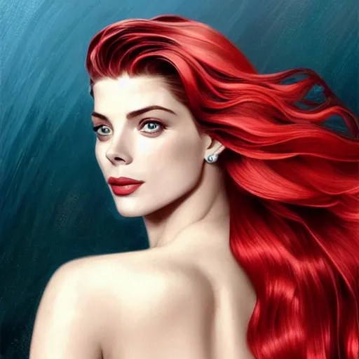 Image similar to A combination of Grace Kelly's and Katheryn Winnick's and Ashley Greene's faces with red hair as Aqua Man, full body shot, western, fantasy, intricate, elegant, highly detailed, digital painting, artstation, concept art, matte, sharp focus, illustration, art by Artgerm and Greg Rutkowski and Alphonse Mucha