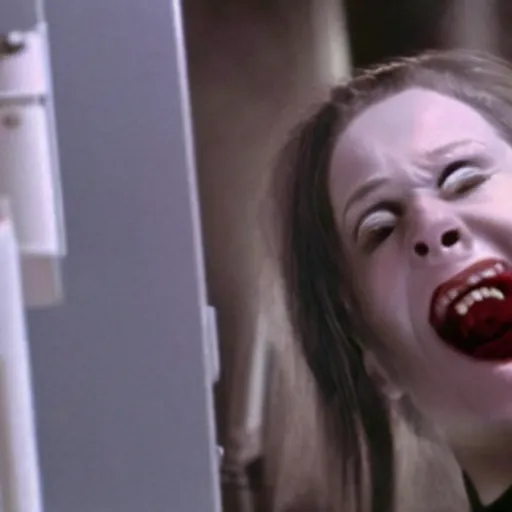 Prompt: screenshot from a movie showing a rabid vampire bat attacking a female scientist in a biolab.