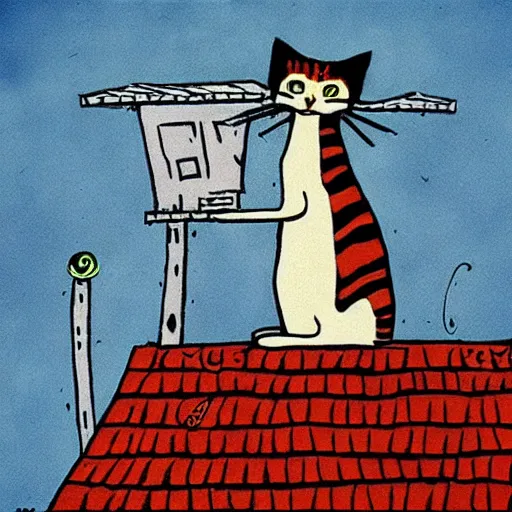 Prompt: a cat on a rooftop in a city by tim burton