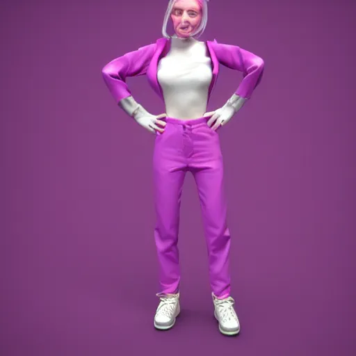 Image similar to y2k, late 90s, early 2000s pink and purple baggy outfit 3d character model render, detailed, white background, 4k, aesthetic