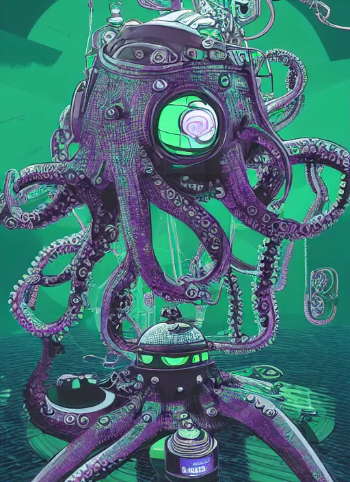 Image similar to robotic cyborg octopus in the space rocket 4 k, vaporwave style, green helmet, super detailed photorealistic, art by akihiko yoshida