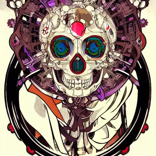 Image similar to anime manga skull portrait robot gundam face illustration style by Alphonse Mucha and Takashi Murakami pop art nouveau