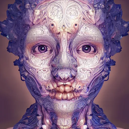 Prompt: beatifull frontal face portrait of a woman, 150mm, anatomical, flesh, flowers, mandelbrot fractal, symmetric, intricate, elegant, highly detailed, ornate, ornament, sculpture, elegant , luxury, beautifully lit, ray trace, octane render in the style of peter Gric and alex grey