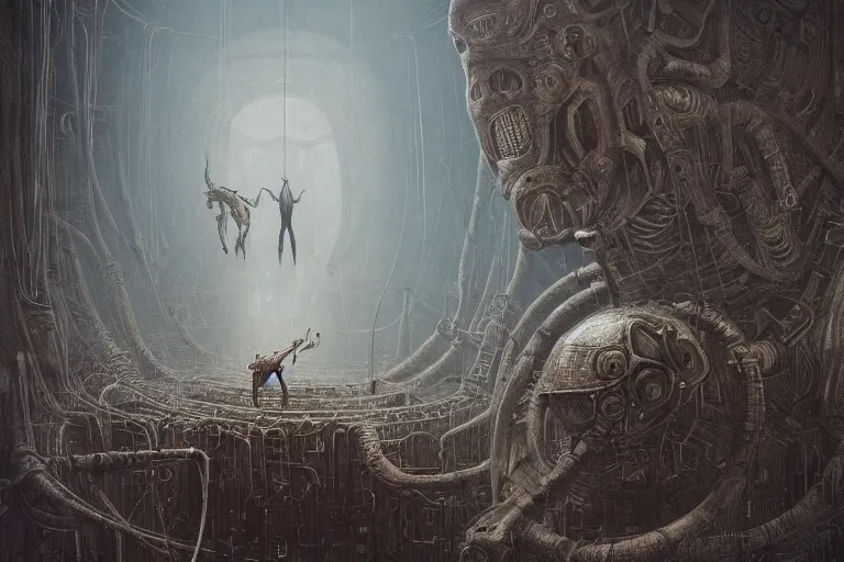 Prompt: labyrinth of minotaur, by giger, stalenhag, beksinski, retro sci - fi movie, highly detailed, photorealistic, illustration, 8 k, artstation