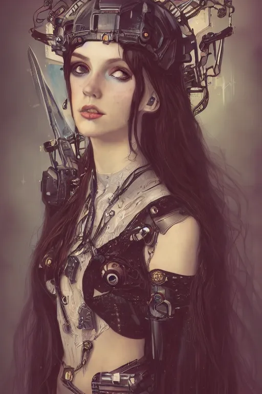 Prompt: portrait of beautiful young gothic maiden, cute face, cyberpunk, Warhammer, highly detailed, artstation, illustration, art by Gustav Klimt