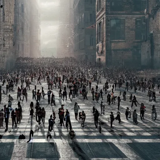 Image similar to hordes of drone-like people aimlessly walking around a depressing dystopian cityscape , trending on artststion, hyper realistic, surreal, melancholic, 8k, upscaled