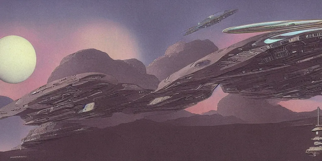 Image similar to moebius matte painting of a scifi mothership