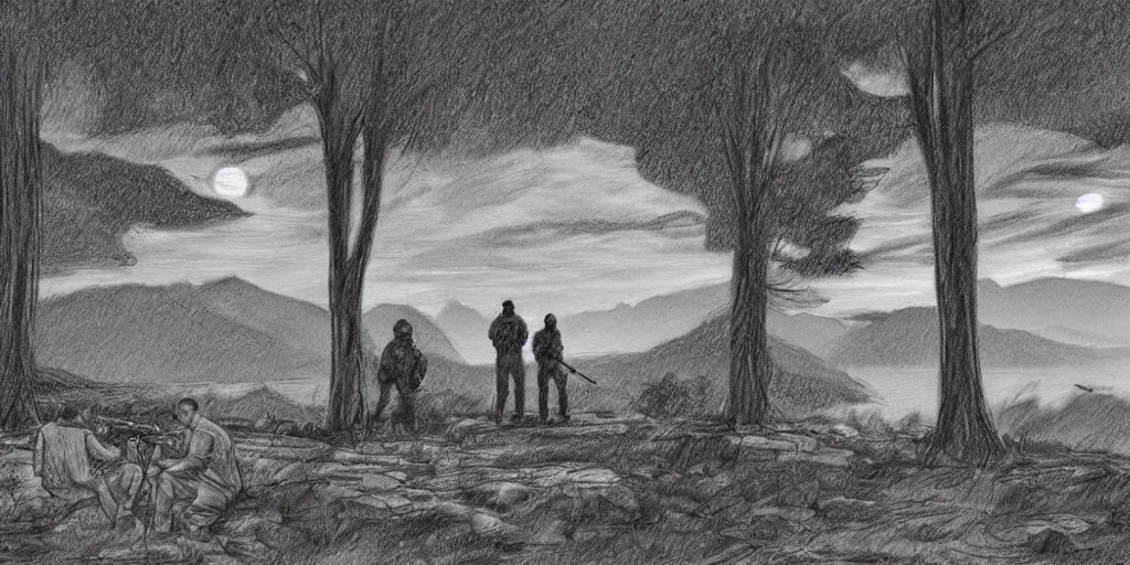 Prompt: A majestic landscape featuring a river, mountains and a forest. There is a group of armed soldiers smoking cigarettes and staring at the sunset. Cinematic, very beautiful, pencil drawing