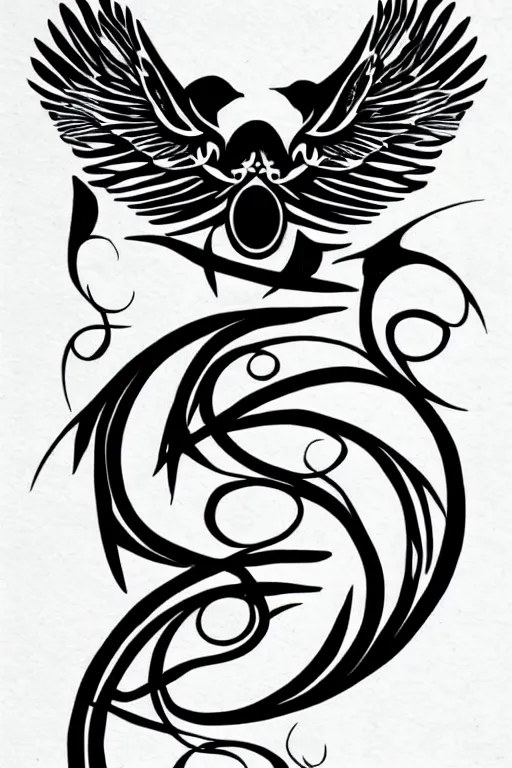 Image similar to a beautiful tattoo design of minimalist swallows flying around spirals and primitive shapes, black ink, abstract logo, line art
