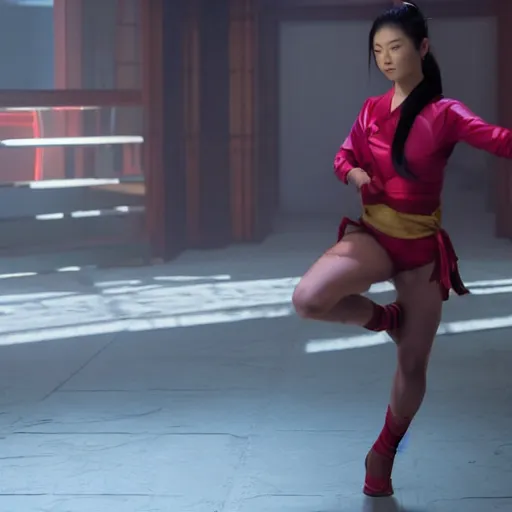 Prompt: Still of Mai Shiranui in the movie Shang-Chi, full body, cinematic lighting, 4k