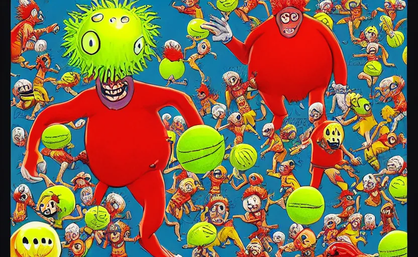 Image similar to a where waldo tennis ball monsters, colorful, digital art, fantasy, magic, chalk, trending on artstation, ultra detailed, professional illustration by basil gogos