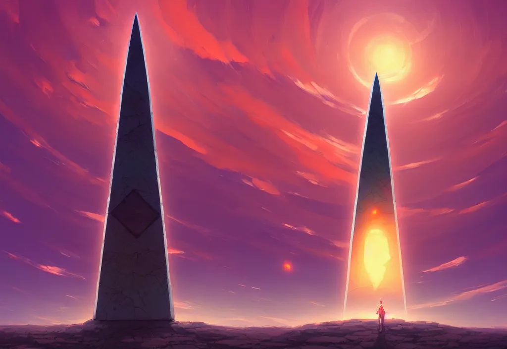 Image similar to a small chubby futuristic obelisk in a gloomy desert at dawn, intricate oil painting, high detail illustration, sharp high detail, manga and anime 1 9 9 9, official fanart behance hd artstation by jesper ejsing and makoto shinkai, 4 k,