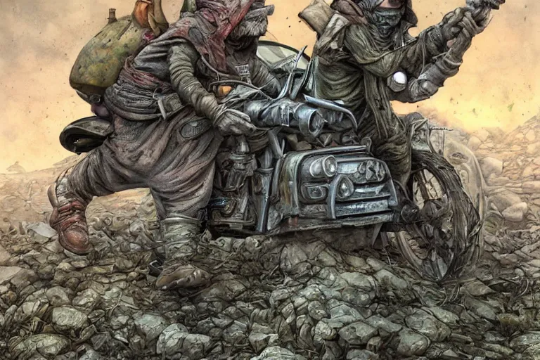 Image similar to a highly detailed garden gnome wearing goggles and head scarf hanging off the back of a car as its speeding down the highway, wasteland, post - apocalyptic road warrior vibe, full body, wide angle, an ultrafine detailed painting by p. craig russell and barry windsor - smith, trending on deviantart, octane, masterpiece