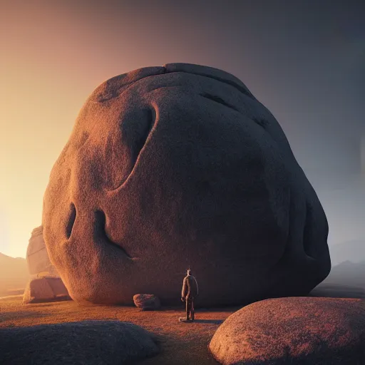 Image similar to a man standing in front of a giant rock, a matte painting by mike winkelmann, cgsociety, fantasy art, matte painting, matte drawing, cryengine