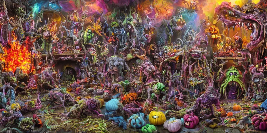 Prompt: ultra wide view of the most awesome monster party with a rube goldberg door trap, devils, demon, multiverse, ghosts, witches, pumpkins, vampires, mummies, monsters, dripping, hyper-realistic, bright and colorful, octane render, 8k, extremely detailed, iridescent, photorealistic, minute details, horror, grotesque, macabre, moody, broken, gritty, zbrush art, extreme details, cinematic