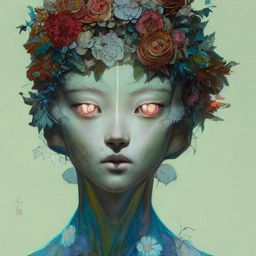 Image similar to prompt : folklore portrait soft light painted by james jean and katsuhiro otomo and erik jones, inspired by evangeleon anime, smooth face feature, intricate oil painting, high detail illustration, sharp high detail, manga and anime 1 9 9 0