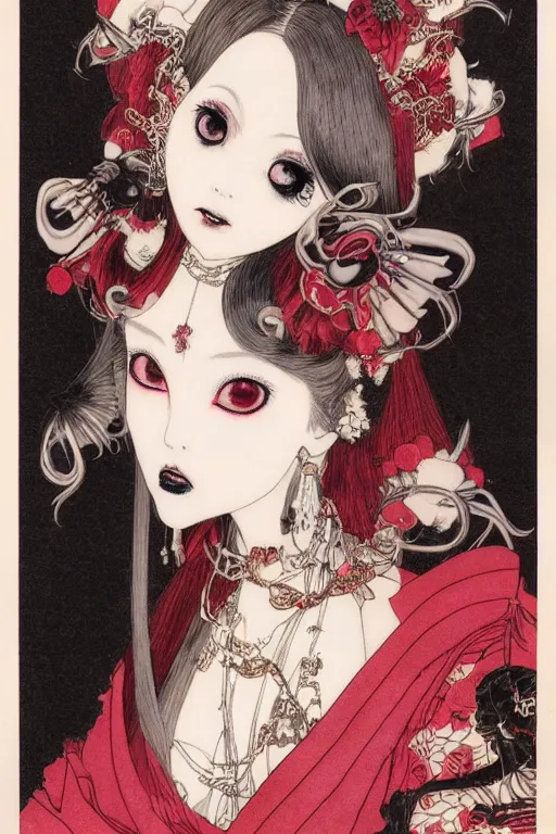 Prompt: 7 0 s album cover of an avant - garde japanese bjd geisha vampire queen with in victorian red dress in the style of dark - fantasy lolita fashion painted by yoshitaka amano, takato yamamoto, christopher shy, dmt art, symmetrical vogue face portrait, intricate detail, artstation, cgsociety, artgerm, gold skulls, rococo