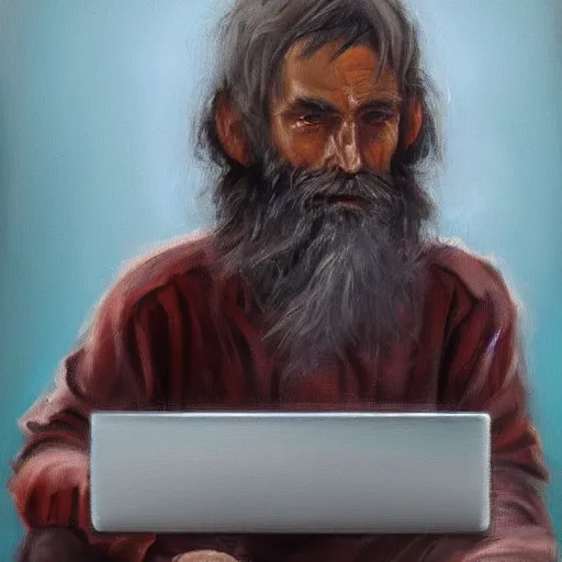 Prompt: homeless man using a laptop, expressive oil painting, matter art, digital art, treding on artstation